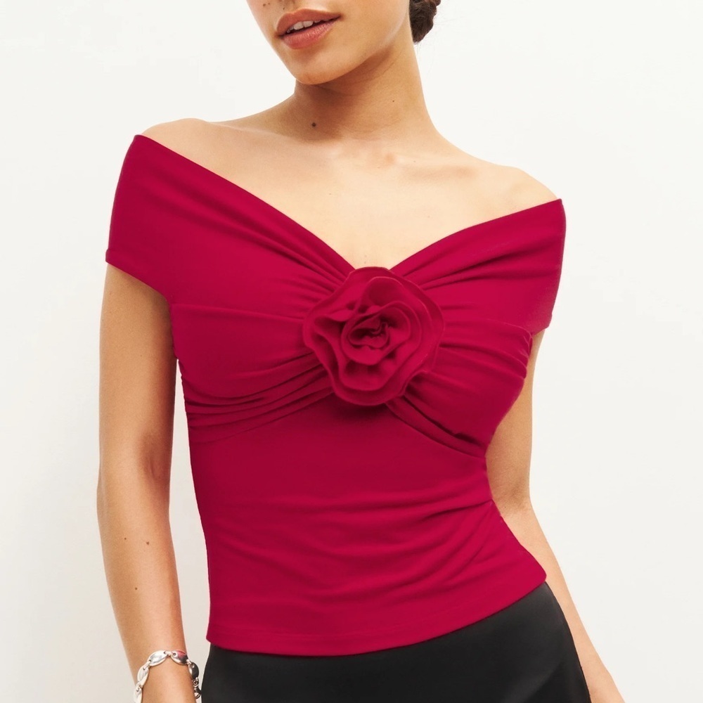 Reformation Emerald Rosette Tencel Knit Off The Shoulder Ruched Top Lipstick Red